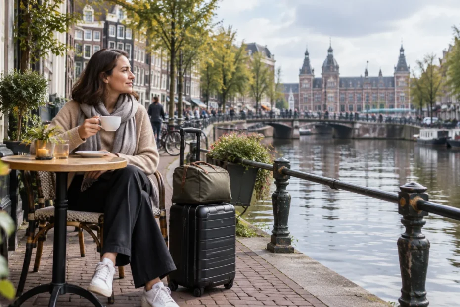 Traveler enjoying coffee beside a canal in Amsterdam, with a rolling suitcase and duffel bag nearby and Amsterdam Centraal visible across the water.