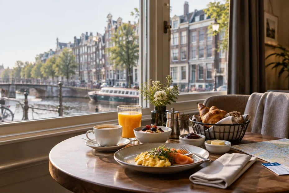 Hotel breakfast spread with coffee, orange juice, pastries, eggs and a city map on a table beside a large window overlooking a canal, bicycles and historic buildings.