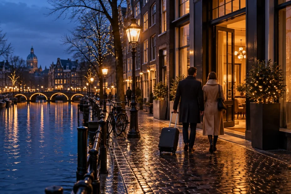 A couple in long coats walks beside a canal at dusk, pulling a suitcase past warmly lit hotel windows and small trees wrapped in holiday lights; bicycles, canal boats, and an illuminated bridge line the wet street.