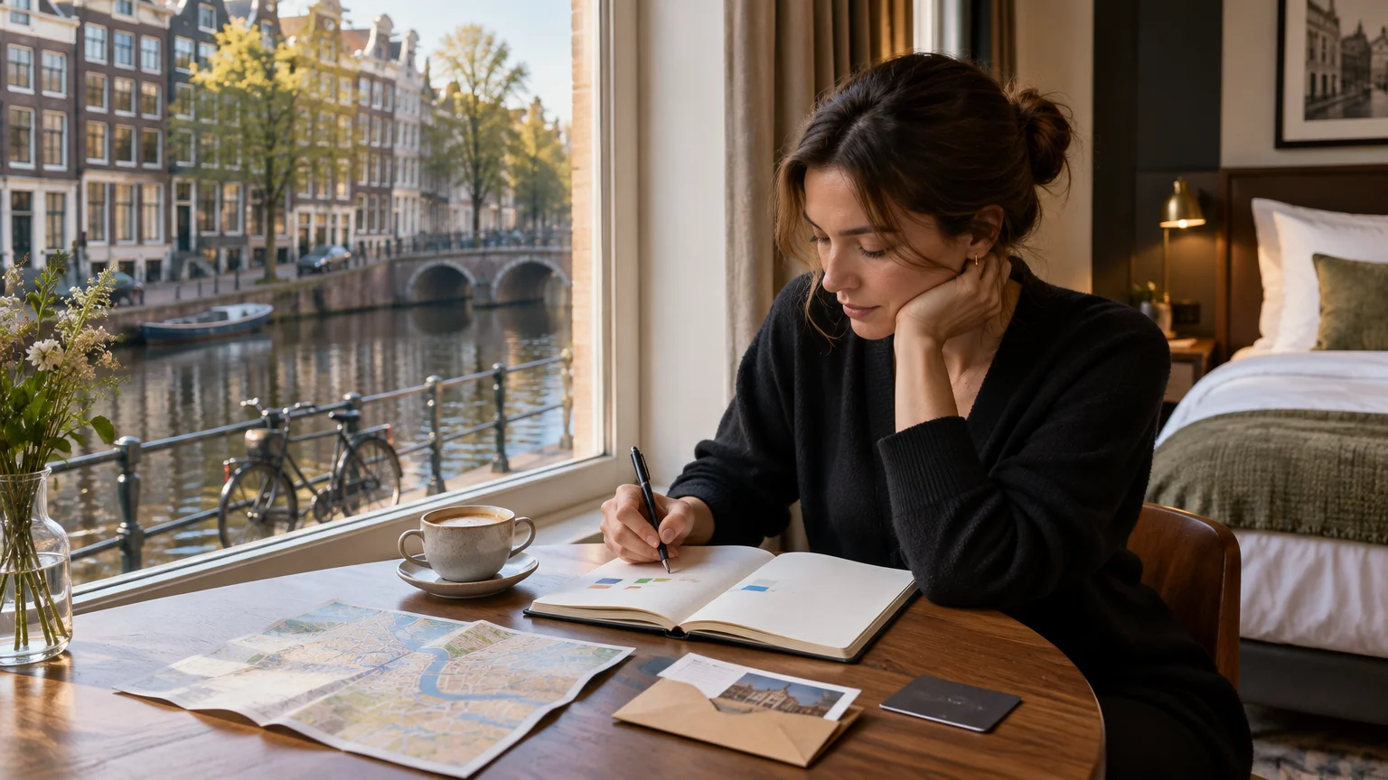 Woman planning a trip in a canal-side Amsterdam hotel room, writing in a notebook beside a city map, coffee, and postcard, with bicycles and canal houses visible through the window.